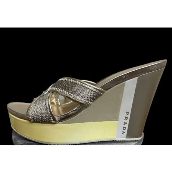 Prada Metallic Gold Leather Mesh Open Toe Slip-on Wedge Sandals - Picture 2 of 9